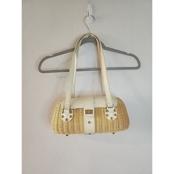 ETIENNE AIGNER Woven Wicker Basket Oblong Purse Handbag Leather Handles Straw - Picture 1 of 10